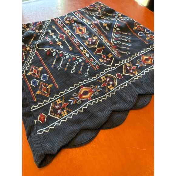 Blue Rain Navy Corduroy Mini Skirt S NWT Scallop Hem Embroidered Geometric - Picture 5 of 6